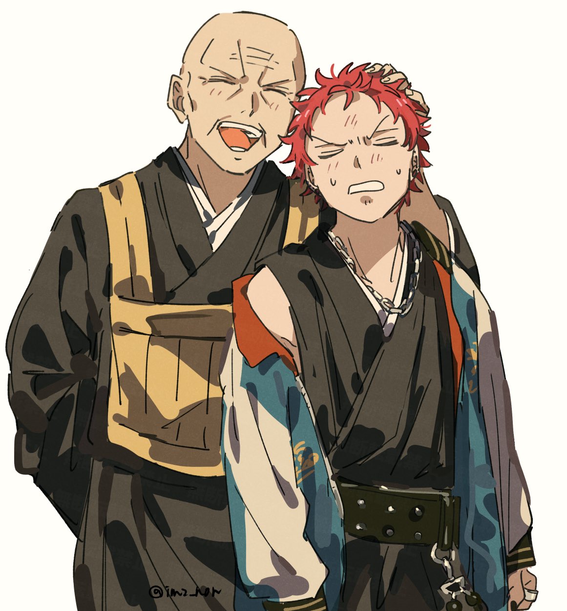 non (im2 non), harai kuko, hypnosis mic, silver necklace, highres, 2boys, :d, arm behind back, arms at sides, bald, belt, black belt, black kimono, blue jacket, blush, chain, chain necklace, cheekbones, closed eyes, ear piercing, earrings, embarrassed, facing viewer, father and son, forehead blush, furrowed brow, grin, harai shakku, headpat, jacket, japanese clothes, jewelry, juban, kesa, kimono, male focus, mature eyes, monk, multiple boys, multiple piercings, necklace, off shoulder, old, old man, open clothes, open jacket, open mouth, peanut mouth, piercing, plug (piercing), red hair, short hair, simple background, sleeveless, sleeveless kimono, smile, studded belt, sukajan, sweatdrop, twitter username, two-sided fabric, two-sided jacket, upper body, v-shaped eyebrows, very short hair, white background, white jacket, wrinkled skin