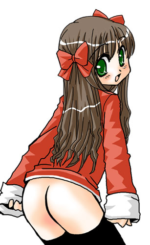 doushindou, arima miyako, melty blood, tsukihime, lowres, 00s, black thighhighs, bottomless, brown hair, green eyes, hair ribbon, long hair, ribbon, solo, thighhighs