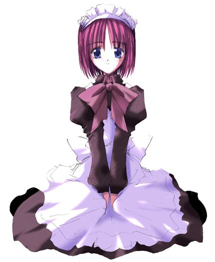 hisui (tsukihime), tsukihime, 00s, apron, blue eyes, maid, maid apron, red hair, ribbon, short hair, sitting, solo