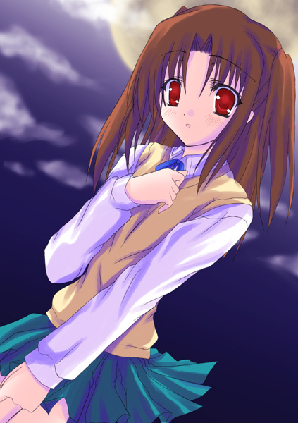 yumizuka satsuki, melty blood, tsukihime, type-moon, 00s, 1girl, blue skirt, female focus, long sleeves, miniskirt, pleated skirt, red eyes, school uniform, serafuku, skirt, solo