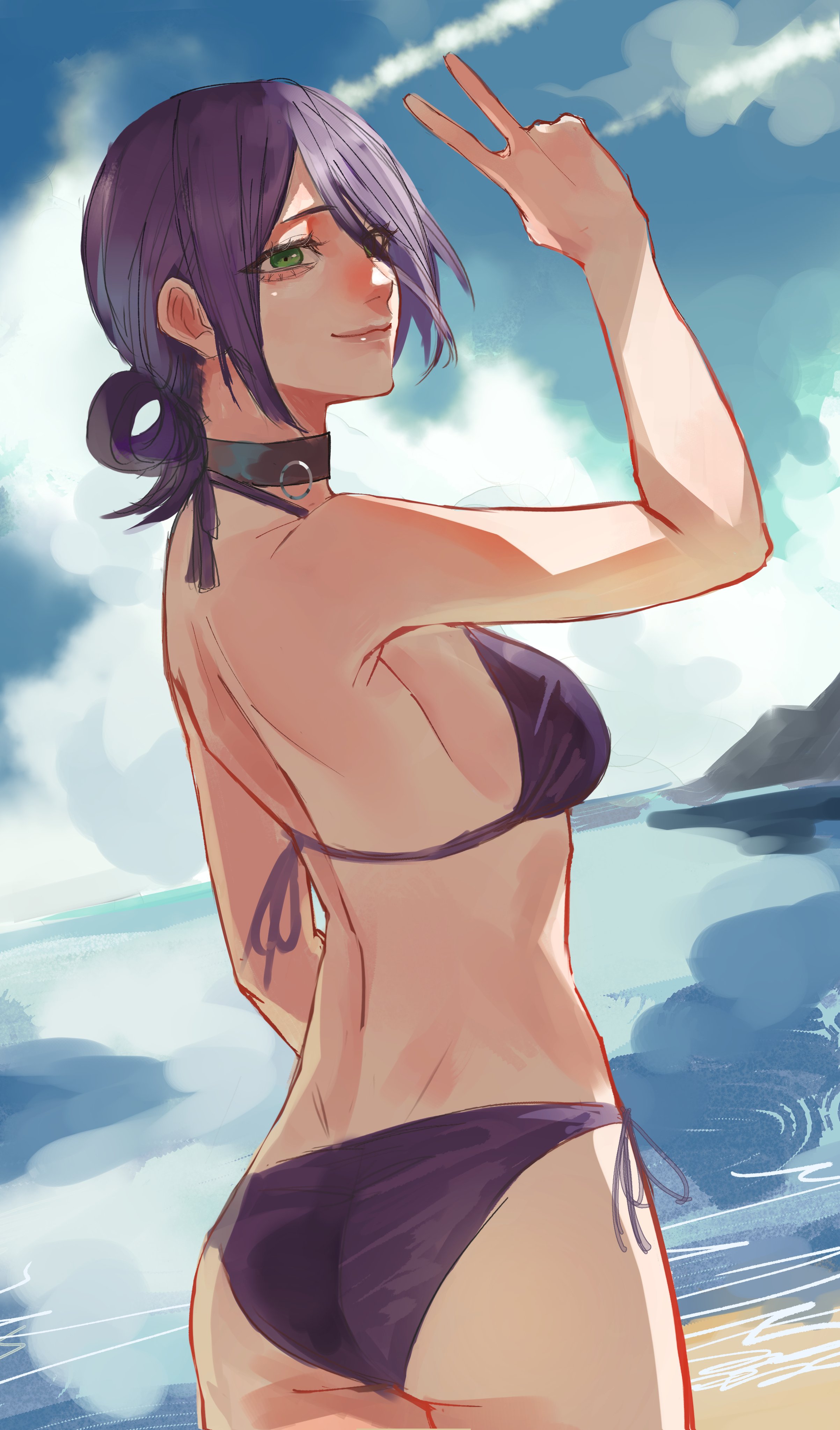 bonjindaaa, reze (chainsaw man), chainsaw man, absurdres, hashtag-only commentary, highres, 1girl, alternate costume, ass, bikini, black choker, blue sky, breasts, choker, closed mouth, cloud, cloudy sky, day, green eyes, hair rings, halterneck, hand up, light smile, medium breasts, outdoors, purple bikini, purple hair, side-tie bikini bottom, single hair ring, sky, solo, swimsuit, v
