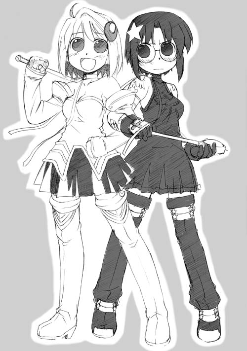 bakutendou, arcueid brunestud, ciel (tsukihime), phantas-moon, tsukihime, 00s, 2girls, :d, ahoge, armor, bare shoulders, boots, breasts, choker, cleavage, collarbone, crescent, crescent hair ornament, dress, gauntlets, glasses, gloves, grey background, greyscale, hair ornament, hairpin, hand on own hip, locked arms, looking at viewer, magical girl, mahoushoujo, medium breasts, monochrome, multiple girls, open mouth, over shoulder, partially fingerless gloves, ribbon, semi-rimless eyewear, short hair, simple background, skirt, smile, standing, star (symbol), star hair ornament, thigh boots, thighhighs, under-rim eyewear, zettai ryouiki