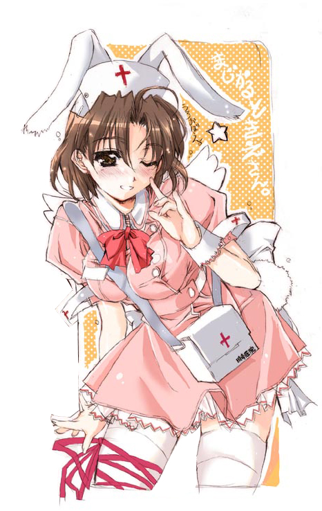 shaa, jinan tokie, nakahara komugi, nurse witch komugi-chan, tsukihime, 1girl, animal ears, bag, blush, bow, brown eyes, brown hair, cosplay, cuffs, female focus, hat, leaning forward, m/, nakahara komugi (cosplay), nurse, nurse cap, one eye closed, rabbit ears, rabbit tail, ribbon, short hair, skirt, smile, solo, tail, thighhighs, white thighhighs, wings, wink