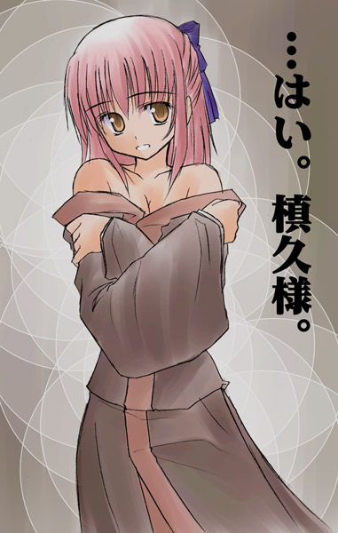 himura kiseki, kohaku (tsukihime), tsukihime, translated, 00s, 1girl, :d, bare shoulders, breasts, brown dress, cleavage, clenched teeth, collarbone, crossed arms, dress, female focus, half updo, long sleeves, looking at viewer, off shoulder, open mouth, parted lips, pink hair, short hair, simple background, small breasts, smile, solo, teeth, wardrobe malfunction, wide sleeves