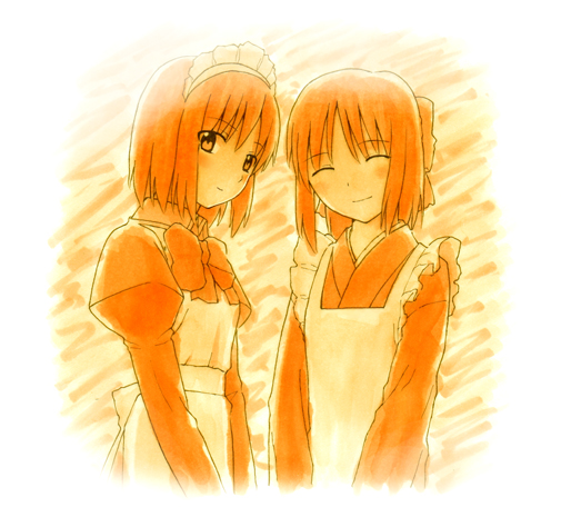 jas (littlecrime), hisui (tsukihime), kohaku (tsukihime), tsukihime, 00s, 2girls, apron, closed eyes, maid, maid apron, multiple girls, short hair, siblings, sisters, smile, twins