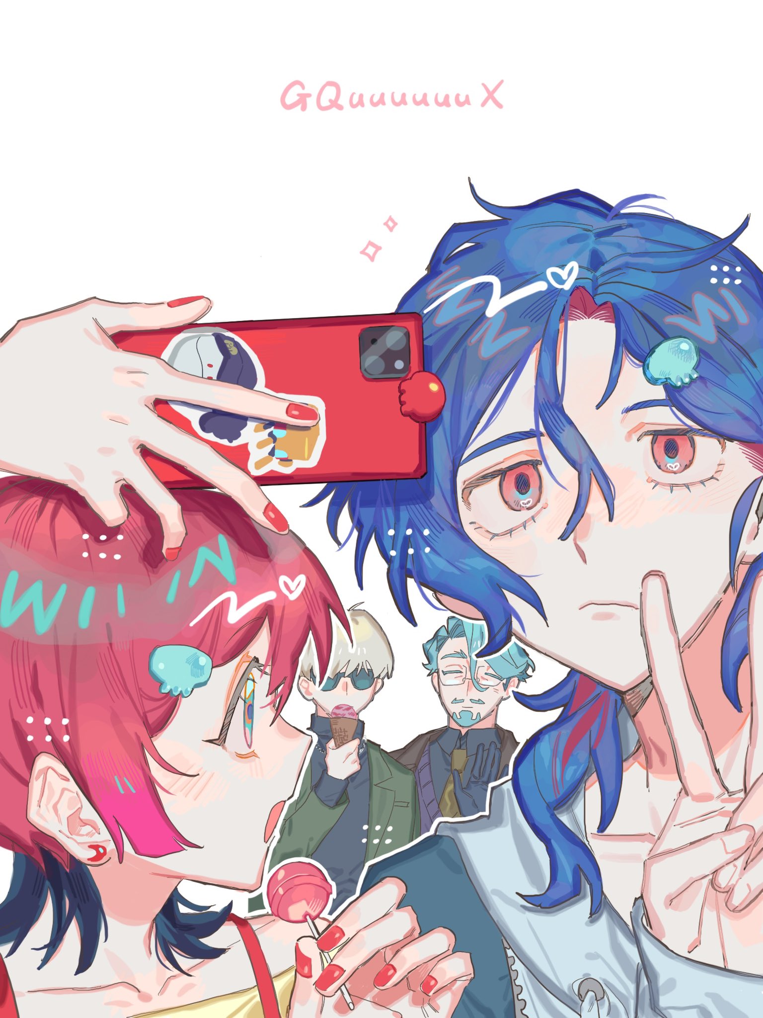 m manjyu, amate yuzuriha, challia bull, char aznable, conch (gundam), haro, shuji ito, gundam, gundam gquuuuuux, commentary request, highres, 1girl, 3boys, aqua eyes, black shirt, blazer, blonde hair, blue hair, candy, cellphone, character sticker, closed eyes, collared shirt, expressionless, facial hair, food, glasses, goatee, green hair, green jacket, hair ornament, hairpin, holding, holding candy, holding food, holding ice cream, holding lollipop, holding phone, ice cream, jacket, jellyfish hair ornament, lollipop, looking back, multicolored hair, multiple boys, mustache, nail polish, phone, red eyes, red hair, selfie, shirouzu (gundam), shirt, short hair, smartphone, sticker, sunglasses, turtleneck, two-tone hair, v, wavy hair, white background