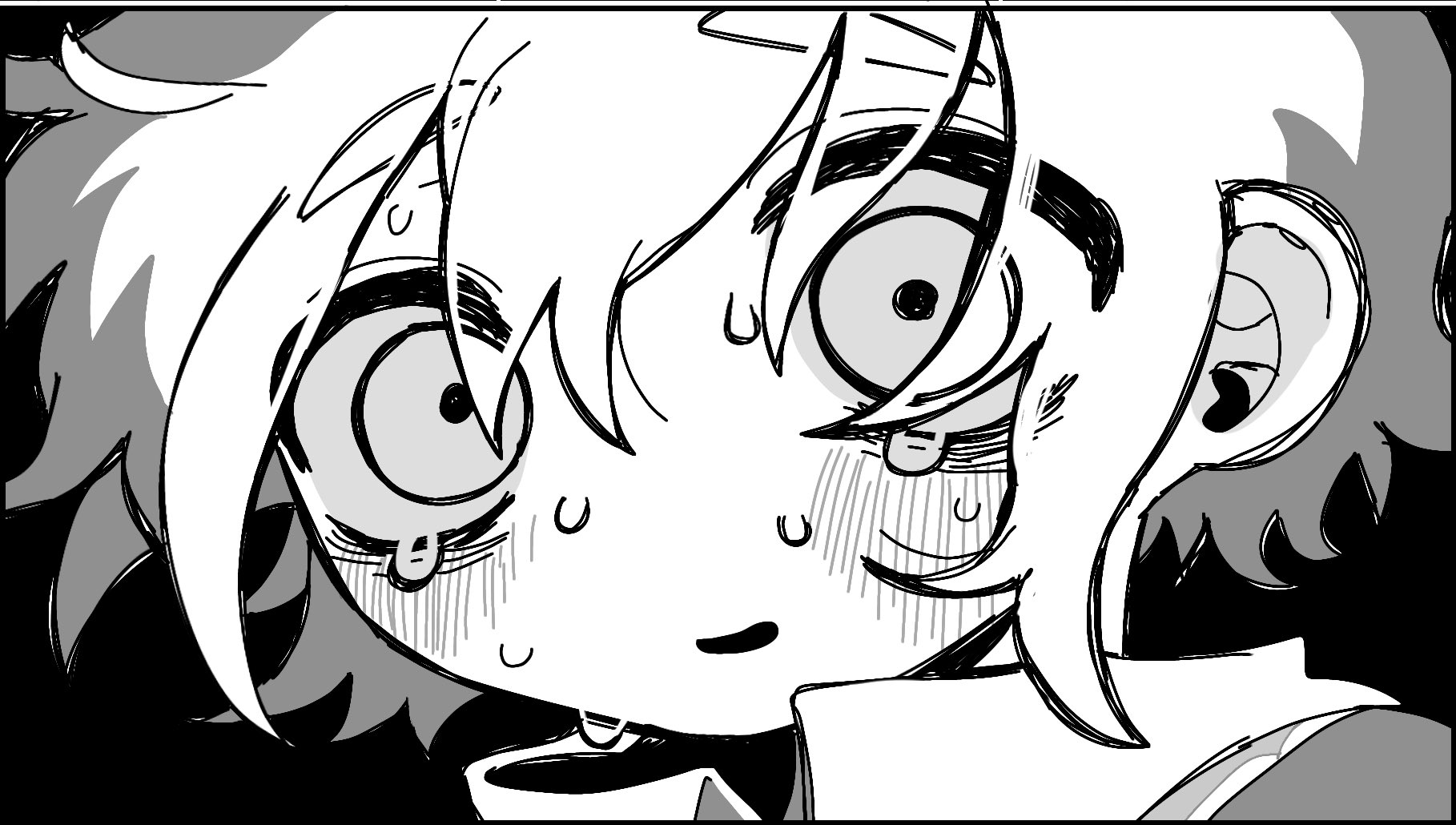 kobanzame omo, basil (faraway) (omori), basil (omori), omori, highres, 1boy, blush, close-up, collared shirt, greyscale, looking at viewer, male focus, monochrome, parted lips, shirt, short hair, sidelocks, solo, sweat, upper body
