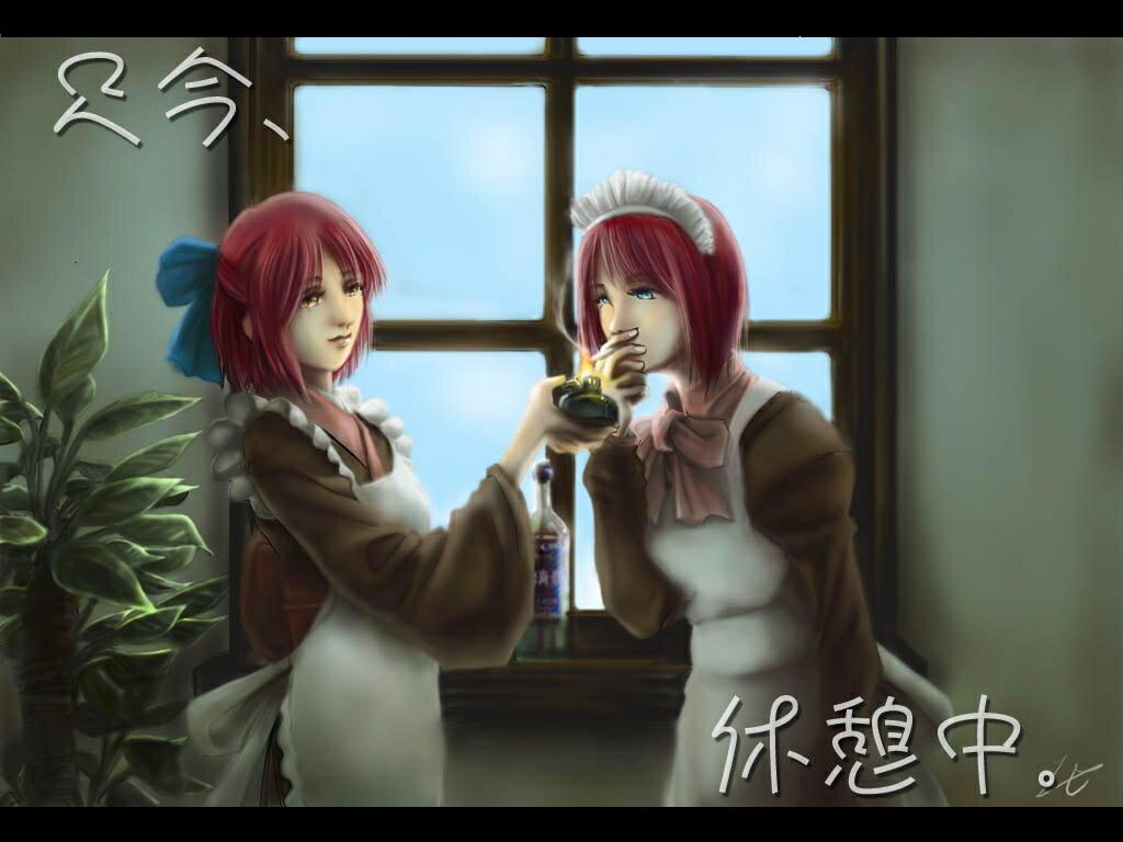 hisui (tsukihime), kohaku (tsukihime), tsukihime, 00s, 2girls, apron, blue eyes, cigarette, hair ribbon, lighter, maid, maid apron, maid headdress, multiple girls, red hair, ribbon, short hair, siblings, sisters, smoking, twins, yellow eyes