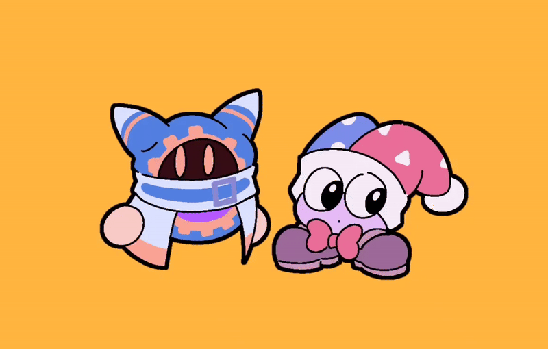 fafameow, magolor, marx (kirby), kirby (series), nintendo, animated, animated gif, bow, bowtie, colored skin, fangs, hat, jester cap, laughing, looking at viewer, no humans, purple skin, red bow, red bowtie, simple background, slit pupils, yellow background, yellow eyes