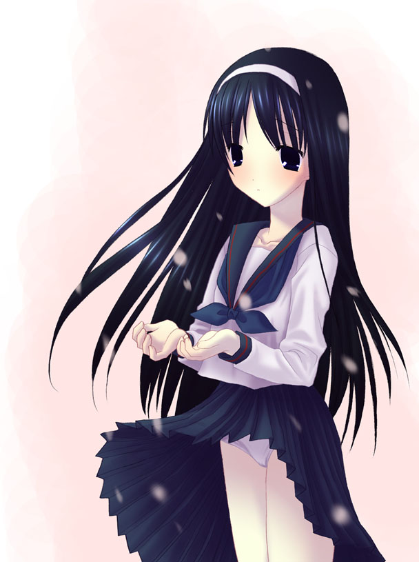 tohno akiha, tsukihime, 00s, 1girl, bad anatomy, black hair, cherry blossoms, expressionless, female focus, hairband, long hair, panties, pantyshot, petals, poorly drawn, school uniform, serafuku, skirt, solo, underwear, upskirt, very long hair, wind
