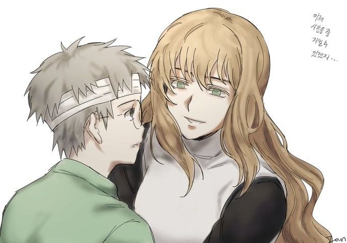 roko (abekawa), yakushi kabuto, yakushi nonou, naruto (series), naruto shippuuden, bad id, bad pixiv id, 1boy, 1girl, apron, bandaged head, bandages, black dress, black eyes, blonde hair, dress, green eyes, grey hair, greyscale, monochrome, round eyewear, short hair, simple background, white apron, white background