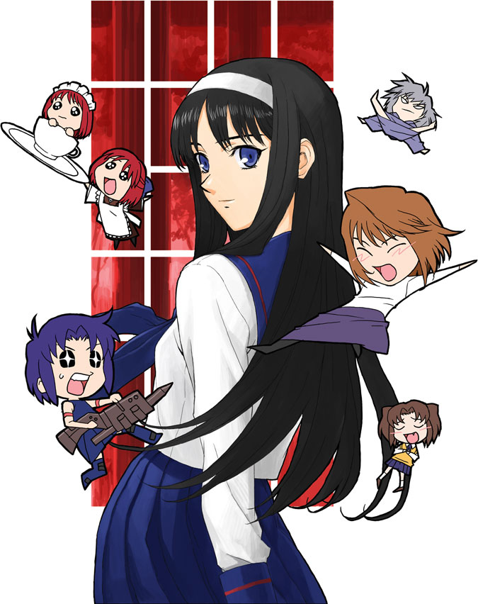 yamamoto nanashiki, arcueid brunestud, ciel (tsukihime), hisui (tsukihime), kohaku (tsukihime), tohno akiha, tohno shiki (2), yumizuka satsuki, tsukihime, 00s, 1boy, 6+girls, blonde hair, hairband, long hair, looking back, multiple girls, pleated skirt, school uniform, serafuku, siblings, sisters, skirt, twins
