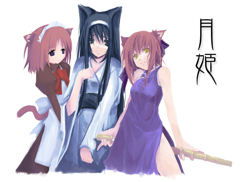 hisui (tsukihime), kohaku (tsukihime), mr. chin, tohno akiha, tsukihime, 00s, 3girls, alternate costume, animal ears, apron, bad anatomy, black hair, cat ears, cat tail, china dress, chinese clothes, copyright name, dress, hairband, japanese clothes, kemonomimi mode, kimono, long hair, looking at viewer, maid, maid apron, multiple girls, neck ribbon, poorly drawn, puffy sleeves, red hair, ribbon, shinai, short hair, shy, siblings, side slit, sisters, smile, sword, tail, twins, v arms, very long hair, weapon