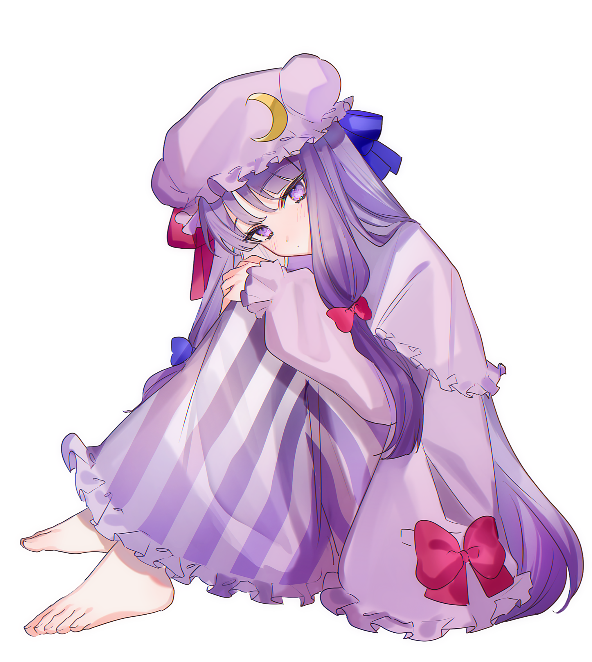 patchouli knowledge, touhou, commentary request, highres, 1girl, barefoot, bow, capelet, crescent, crescent hat ornament, dress, feet, hair bow, hat, hat ornament, long hair, long sleeves, mob cap, pink capelet, pink dress, pink hat, potecoro (ey39 g), purple eyes, purple hair, red bow, simple background, solo, striped clothes, striped dress, toes, vertical-striped clothes, vertical-striped dress, very long hair, white background