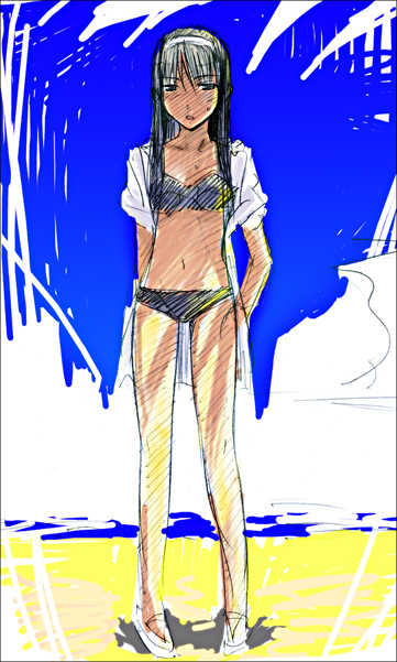 tohno akiha, tsukihime, tagme, 00s, beach, bikini, solo, swimsuit