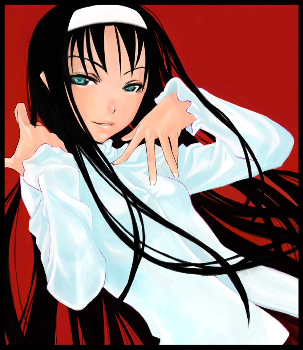 tohno akiha, tsukihime, 00s, 1girl, bad anatomy, black hair, female focus, green eyes, hairband, long hair, poorly drawn, red background, shirt, smile, solo
