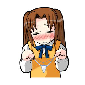 yumizuka satsuki, tsukihime, lowres, 00s, 1girl, bad anatomy, blush, brown hair, closed eyes, female focus, fundoshi, g-string, holding, holding panties, holding underwear, holding unworn clothes, japanese clothes, panties, poorly drawn, school uniform, serafuku, solo, thong, twintails, two side up, underwear