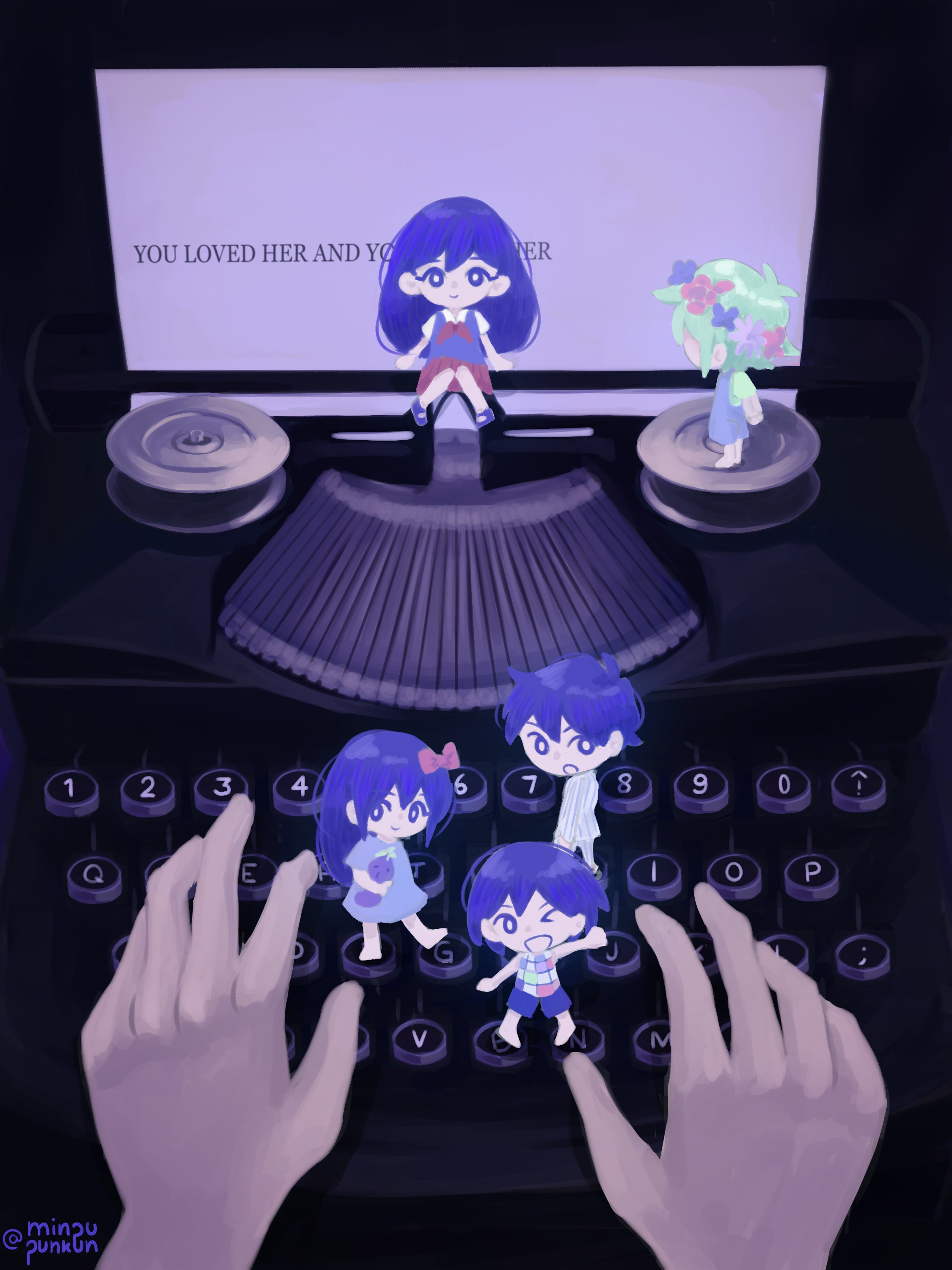 minpupunkun, aubrey (headspace) (omori), aubrey (omori), basil (headspace) (omori), basil (omori), hero (headspace) (omori), hero (omori), kel (headspace) (omori), kel (omori), mari (headspace) (omori), mari (omori), mr. plantegg (omori), sunny (omori), omori, absurdres, highres, spoilers, > o, 2girls, 5boys, antenna hair, barefoot, blue overalls, bow, bright pupils, closed mouth, collared shirt, disembodied hand, double-parted bangs, english text, flower, green hair, green shirt, hair bow, head wreath, holding, holding stuffed toy, long hair, long sleeves, mini person, miniboy, minigirl, multiple boys, multiple girls, one eye closed, open mouth, overalls, pajamas, paper, pink bow, pleated skirt, purple eyes, purple hair, purple sweater vest, red skirt, shirt, short hair, short sleeves, sidelocks, skirt, smile, striped clothes, striped pajamas, stuffed eggplant, stuffed toy, sweater vest, t-shirt, tank top, typewriter, vertical-striped clothes, vertical-striped pajamas, white pupils, white shirt