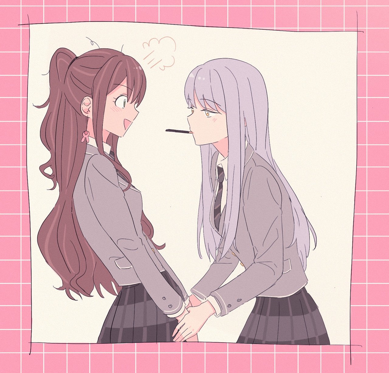 cookie (accountxmix), imai lisa, minato yukina, bang dream!, highres, 2girls, blazer, border, brown hair, cropped legs, diagonal-striped clothes, diagonal-striped necktie, eye contact, film grain, food, food in mouth, grey background, grey hair, grey jacket, grey necktie, grey skirt, haneoka school uniform, head steam, jacket, long hair, long sidelocks, looking at another, multiple girls, necktie, open mouth, pink border, plaid clothes, plaid skirt, pleated skirt, pocky, pocky in mouth, ponytail, school uniform, sidelocks, skirt, smile, straight hair, striped clothes, yuri