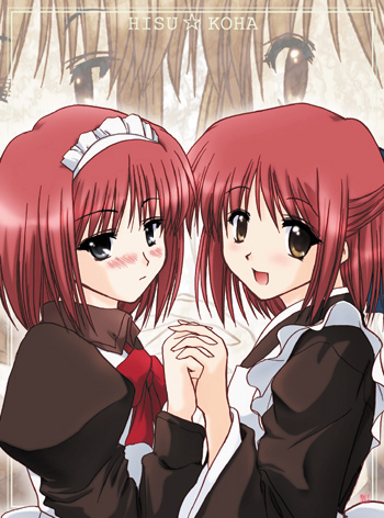 hisui (tsukihime), kohaku (tsukihime), tsukihime, lowres, 00s, 2girls, blue eyes, blush, half updo, holding hands, interlocked fingers, maid, multiple girls, siblings, sisters, twins, yellow eyes