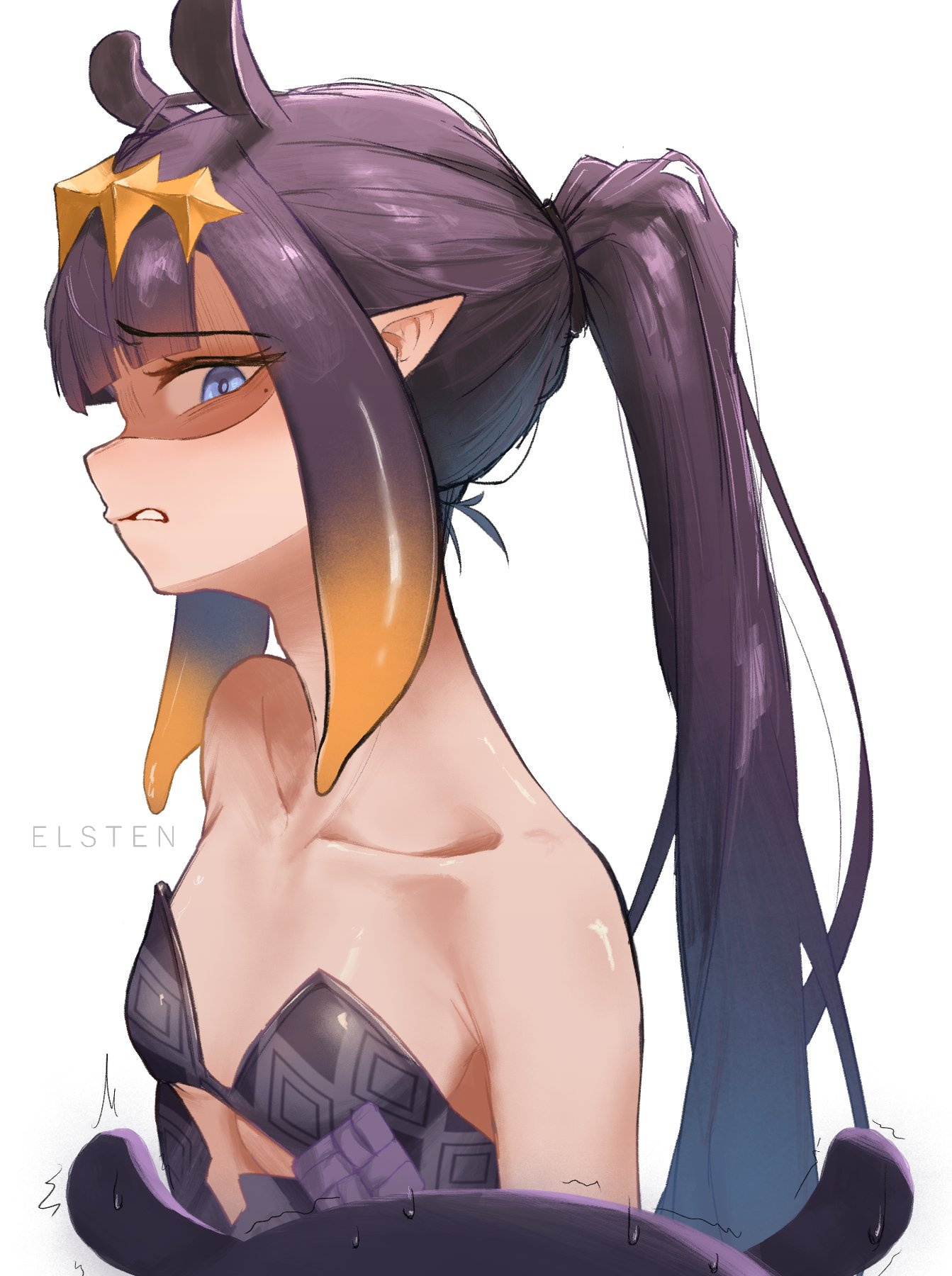 elsten, ninomae ina'nis, ninomae ina'nis (1st costume), takodachi (ninomae ina'nis), hololive, hololive english, highres, 1girl, black dress, blue eyes, breasts, diamond hairband, dress, gradient hair, hairband, long hair, mole, mole under eye, multicolored hair, orange hair, orange hairband, pointy ears, ponytail, purple hair, shaded face, simple background, small breasts, strapless, strapless dress, sweat, tentacle hair, tube dress, virtual youtuber, white background