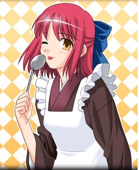kohaku (tsukihime), tsukihime, lowres, 00s, 1girl, ;p, apron, female focus, half updo, one eye closed, red hair, short hair, solo, tongue, tongue out, yellow eyes