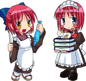 hisui (tsukihime), kohaku (tsukihime), tsukihime, lowres, 00s, 2girls, apron, blue eyes, blush, blush stickers, book, book stack, cat, chibi, chibi only, fish, half updo, holding, holding book, knife, maid, maid apron, multiple girls, red hair, short hair, siblings, sisters, twins, yellow eyes