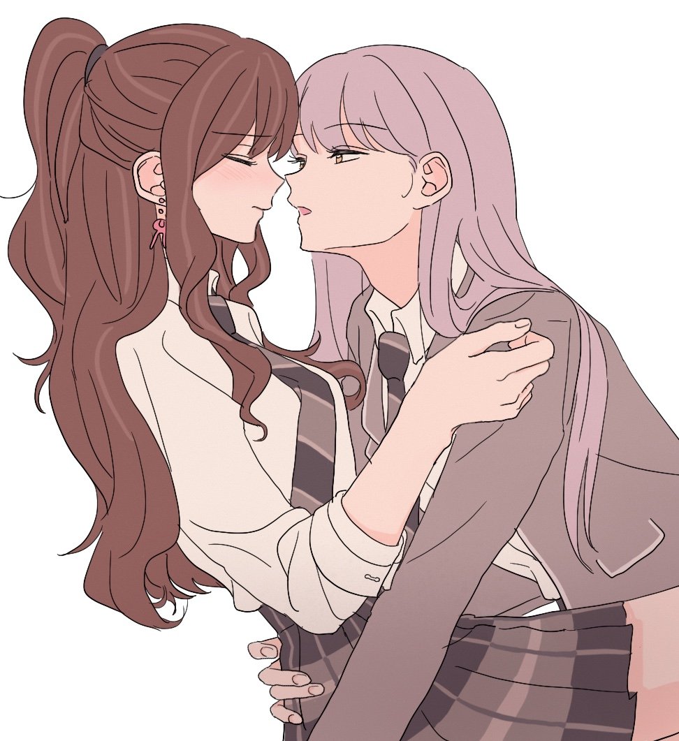 cookie (accountxmix), imai lisa, minato yukina, bang dream!, 2girls, arms around waist, blazer, brown hair, closed eyes, closed mouth, collared shirt, diagonal-striped clothes, diagonal-striped necktie, earrings, grey jacket, grey necktie, grey skirt, half updo, haneoka school uniform, imminent kiss, jacket, jewelry, long hair, long sidelocks, long sleeves, looking at another, multiple girls, necktie, open clothes, open jacket, open mouth, plaid clothes, plaid skirt, pleated skirt, ponytail, rabbit earrings, school uniform, shirt, sidelocks, simple background, skirt, striped clothes, white background, white shirt, wing collar, yuri