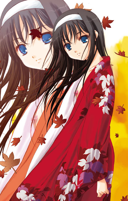 q-gaku, tohno akiha, tsukihime, black hair, blue eyes, flat chest, hairband, head tilt, leaf, long hair, nipples, open clothes, solo, zoom layer