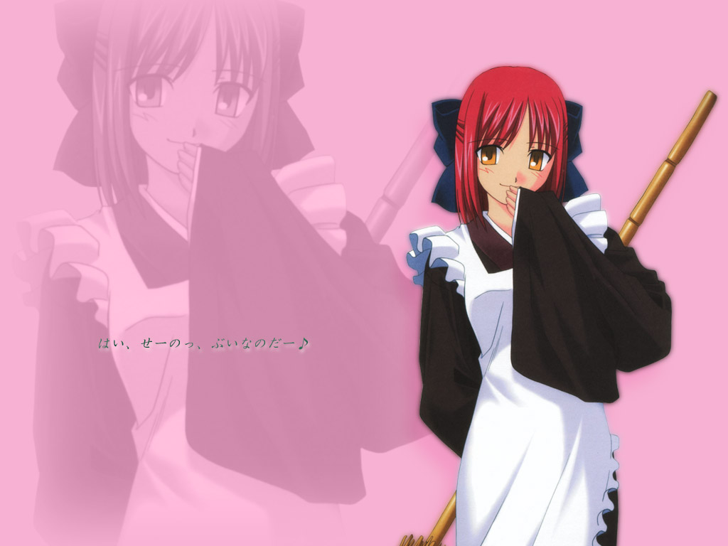 kohaku (tsukihime), tsukihime, 00s, apron, japanese clothes, kimono, maid, maid apron, red hair, ribbon, short hair, solo, wa maid