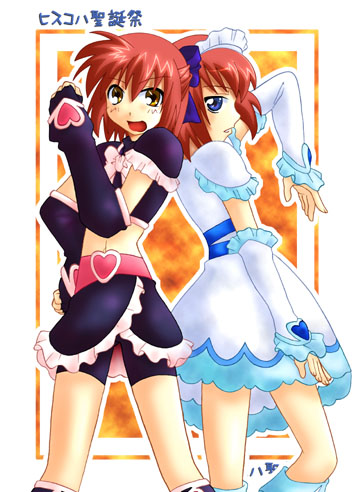 cure black, cure white, hisui (tsukihime), kohaku (tsukihime), futari wa precure, precure, tsukihime, lowres, 2girls, blue eyes, brown eyes, cosplay, cure black (cosplay), cure white (cosplay), elbow gloves, gloves, magical girl, midriff, multiple girls, parody, red hair, short hair, siblings, sisters, twins