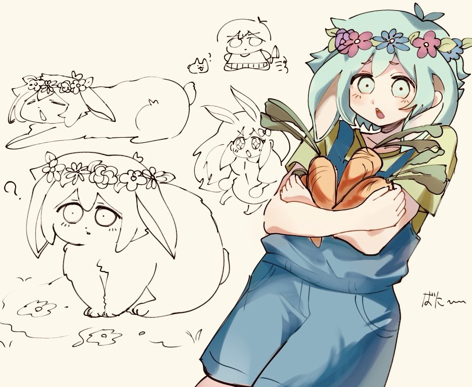 itoyu bluedaisy, aubrey (headspace) (omori), aubrey (omori), basil (headspace) (omori), basil (omori), forest bunny (omori), omori (omori), omori, 1girl, 2boys, ?, animal ears, animalization, antenna hair, blue overalls, carrot, chibi, closed eyes, closed mouth, double-parted bangs, flower, green eyes, green hair, green shirt, head wreath, holding, holding carrot, holding knife, knife, multiple boys, open mouth, overall shorts, overalls, partially colored, rabbit, rabbit boy, rabbit ears, rabbit girl, rabbit tail, shirt, short hair, short sleeves, sidelocks, t-shirt, tail, teeth, upper teeth only