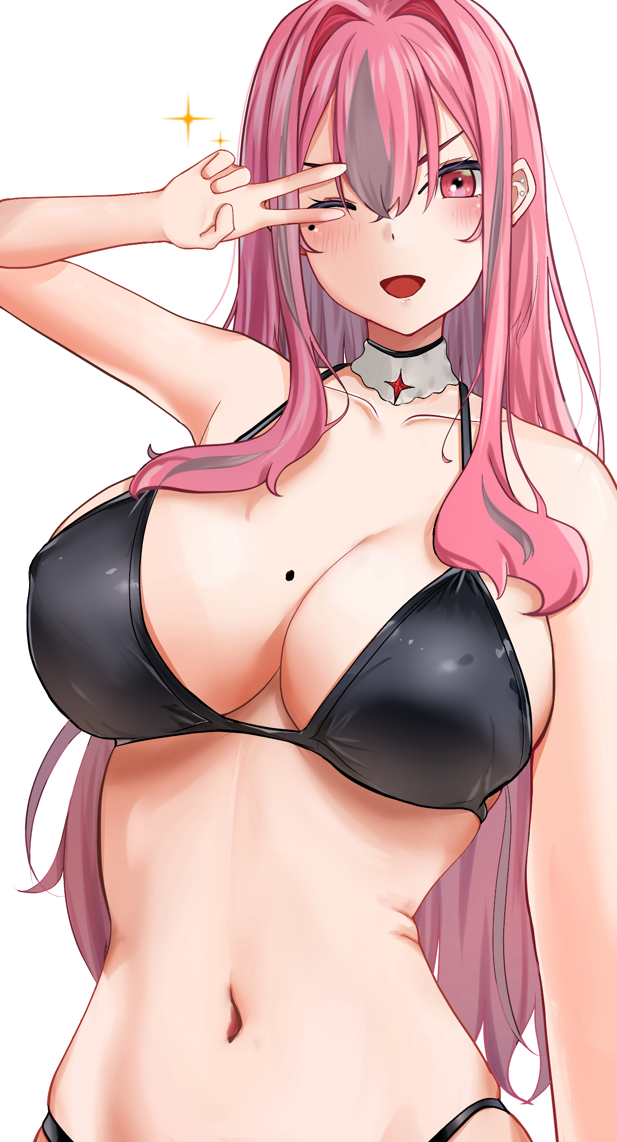 yuuki atori, bremerton (azur lane), azur lane, commentary, highres, 1girl, ;d, arm up, bare shoulders, bikini, black bikini, blush, breasts, cleavage, collarbone, cowboy shot, detached collar, ear piercing, grey hair, hair between eyes, hair down, hair intakes, halterneck, large breasts, long hair, looking at viewer, mole, mole on breast, mole under eye, multicolored hair, navel, one eye closed, open mouth, piercing, pink eyes, pink hair, sidelocks, simple background, skindentation, smile, solo, sparkle, standing, stomach, streaked hair, string bikini, swimsuit, two-tone hair, v, v over eye, white background