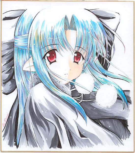 len (tsukihime), tsukihime, 00s, 1girl, black bow, blue hair, bow, capelet, female focus, frown, fur trim, hair bow, half updo, long hair, pointy ears, pom pom (clothes), red eyes, sidelocks, simple background, solo, turtleneck, upper body, white background