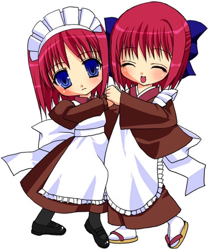 hisui (tsukihime), kohaku (tsukihime), tsukihime, lowres, 00s, 2girls, apron, blue eyes, chibi, closed eyes, maid, maid apron, multiple girls, red hair, short hair, siblings, sisters, twins