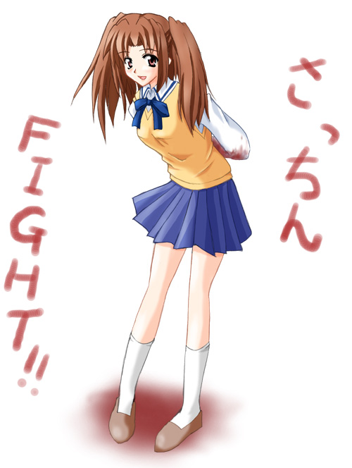 yumizuka satsuki, tsukihime, 00s, 1girl, blue skirt, english text, female focus, simple background, skirt, solo, white background
