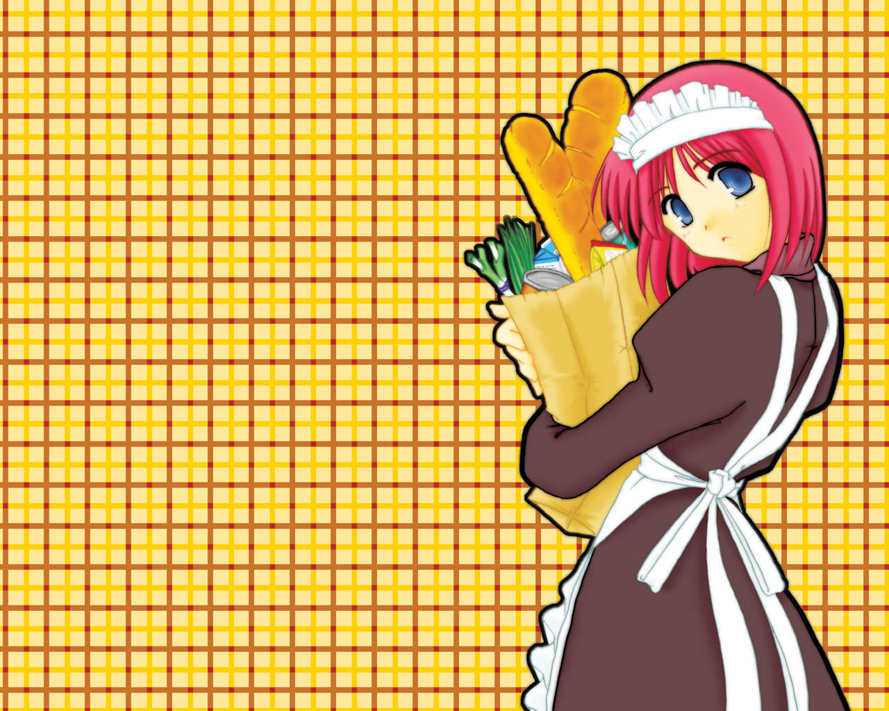 hisui (tsukihime), tsukihime, 00s, apron, bag, blue eyes, bread, food, maid, maid apron, red hair, shopping, short hair, solo