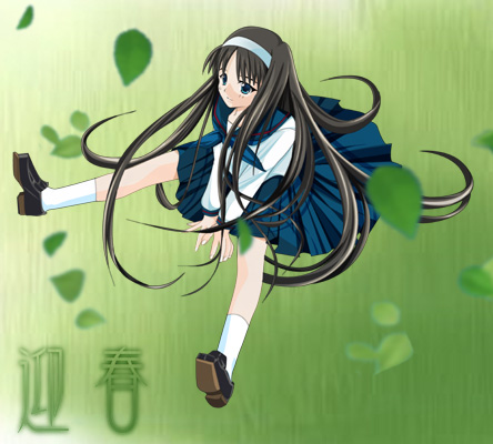 tohno akiha, tsukihime, lowres, 00s, 1girl, black hair, blue eyes, blush, bow, female focus, hairband, long hair, school uniform, serafuku, skirt, solo