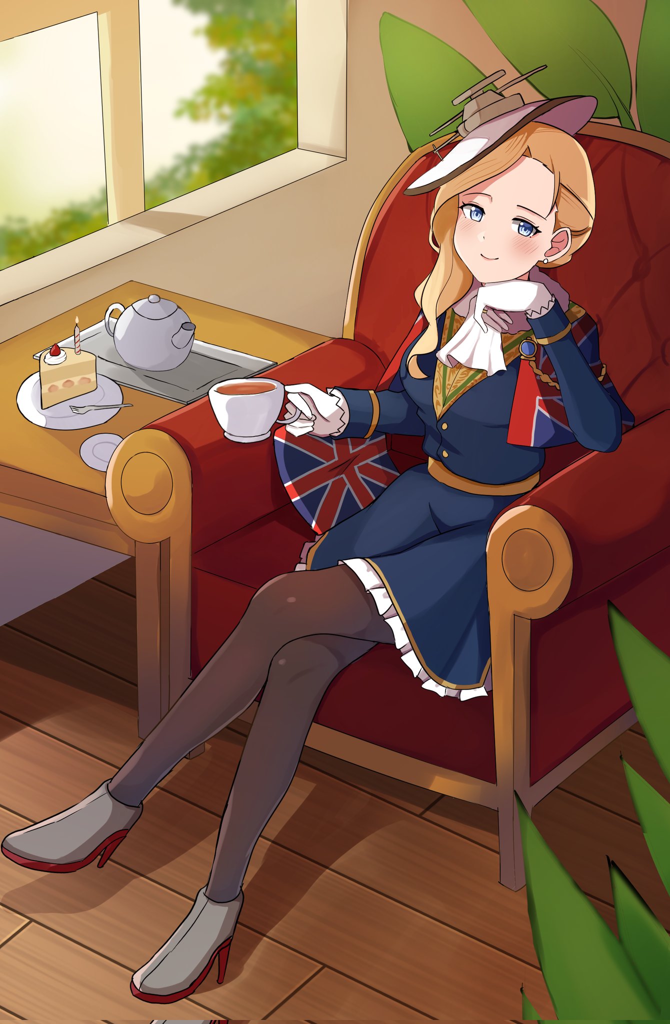 erushira, hood (azur lane), azur lane, commission, highres, vgen commission, 1girl, ankle boots, blonde hair, blue capelet, blue dress, blue eyes, blush, boots, breasts, brown pantyhose, cake, cake slice, candle, capelet, chair, cup, dress, earrings, food, fork, full body, gloves, grey boots, hat, head rest, high heel boots, high heels, holding, holding cup, indoors, jewelry, long hair, looking at viewer, pantyhose, pillow, plant, plate, sitting, smile, solo, table, teacup, union jack, white gloves, white hat, window