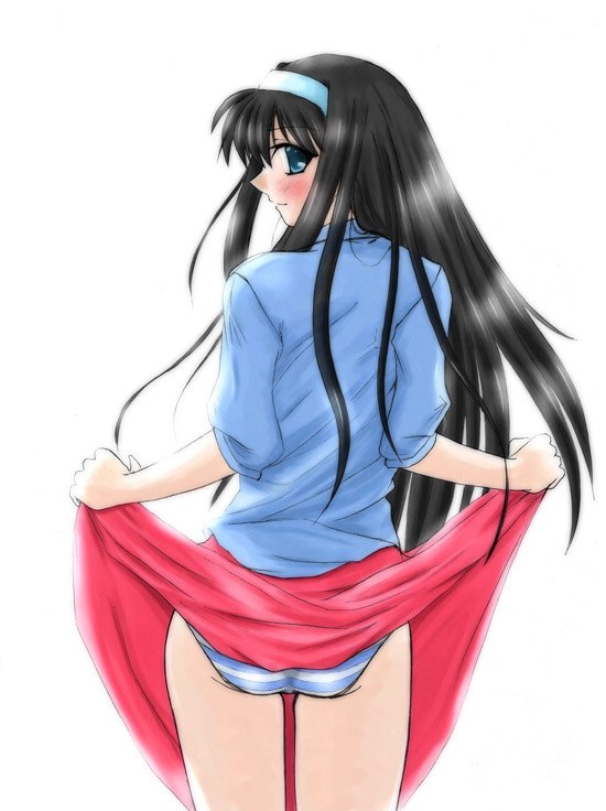 tohno akiha, tsukihime, 00s, 1girl, black hair, blue eyes, blush, bow, clothes lift, female focus, hairband, lifting own clothes, long hair, long skirt, looking back, panties, simple background, skirt, skirt lift, solo, underwear