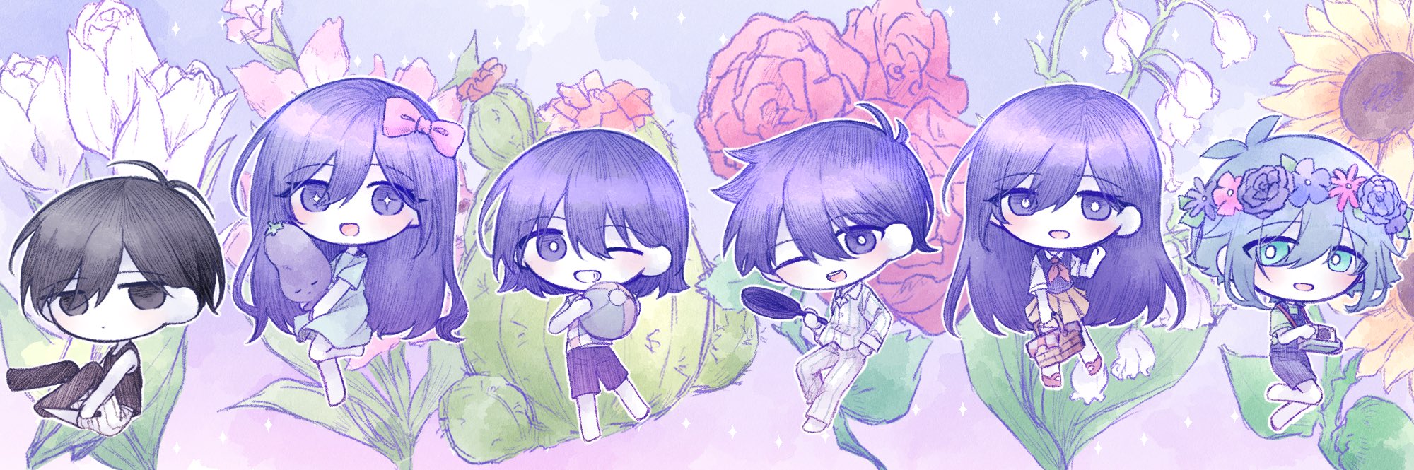 aubrey (headspace) (omori), aubrey (omori), basil (headspace) (omori), basil (omori), hero (headspace) (omori), hero (omori), kel (headspace) (omori), kel (omori), mari (headspace) (omori), mari (omori), mr. plantegg (omori), omori (omori), omori, highres, + +, 2girls, 4boys, antenna hair, ball, barefoot, black eyes, black hair, black tank top, black thighhighs, blue overalls, blue shirt, blush, bright pupils, cactus, camera, chibi, chibi only, closed mouth, collared shirt, colored skin, dark skin, double-parted bangs, expressionless, flower, frying pan, gladiolus, green eyes, green hair, green shirt, grin, holding, holding ball, holding camera, holding frying pan, holding knife, holding picnic basket, holding stuffed toy, knife, lily of the valley, long hair, long shirt, long sleeves, looking at viewer, mimi utlove, multiple boys, multiple girls, neckerchief, one eye closed, open mouth, overall shorts, overalls, pajamas, picnic basket, pleated skirt, purple shorts, purple sweater vest, red flower, red neckerchief, red rose, rose, shirt, short hair, short sleeves, shorts, skirt, smile, striped clothes, striped pajamas, striped shorts, stuffed eggplant, stuffed toy, sunflower, sweater vest, t-shirt, tank top, teeth, thighhighs, tulip, upper teeth only, vertical-striped clothes, vertical-striped pajamas, vertical-striped shorts, white flower, white pupils, white shirt, white shorts, white skin, white tulip