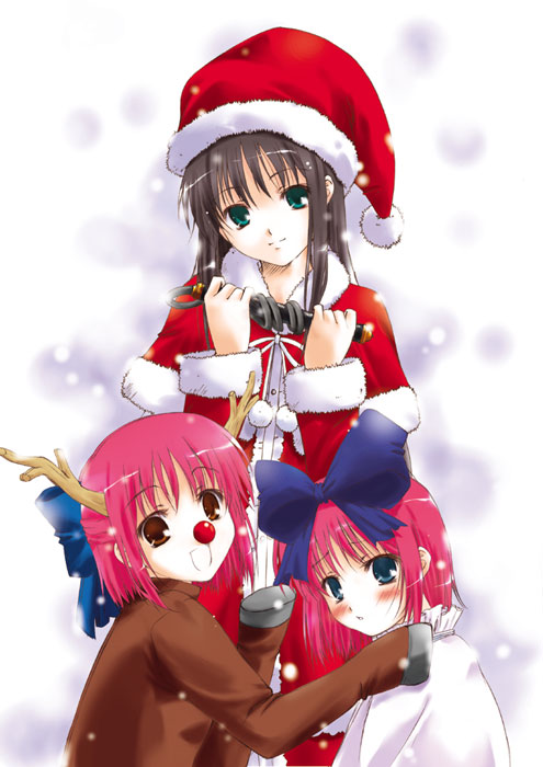 q-gaku, hisui (tsukihime), kohaku (tsukihime), tohno akiha, tsukihime, fur, 00s, 3girls, animal costume, antlers, black hair, blush, bow, christmas, fur-trimmed headwear, fur trim, green eyes, hair bow, hat, hooves, horns, hug, long hair, multiple girls, pink hair, red eyes, reindeer costume, santa costume, santa hat, short hair, siblings, sisters, smile, snow, snowing, twins