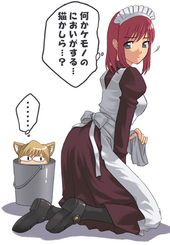 hisui (tsukihime), neco-arc, tsukihime, lowres, translated, 00s, animal ears, apron, blue eyes, bucket, cat ears, kneeling, looking back, maid, maid apron, maid headdress, red hair, short hair