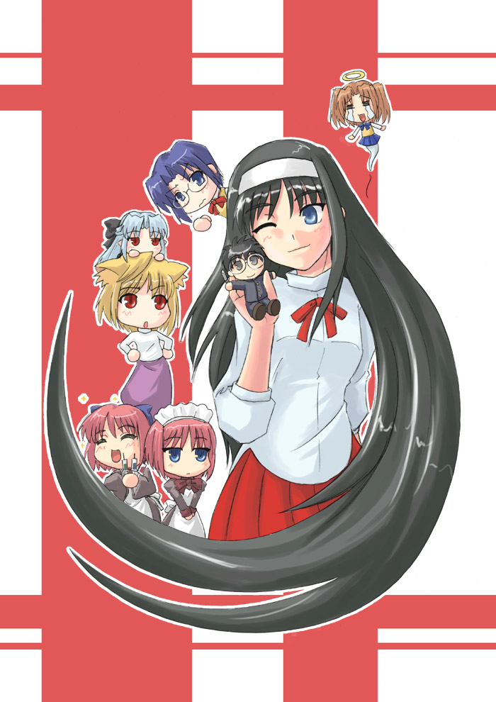 arcueid brunestud, ciel (tsukihime), hisui (tsukihime), kohaku (tsukihime), len (tsukihime), tohno akiha, tohno shiki, yumizuka satsuki, tsukihime, 00s, 6+girls, blush, chibi, ghost, glasses, halo, long hair, maid, multiple girls, one eye closed, siblings, sisters, syringe, teardrop, twins, very long hair