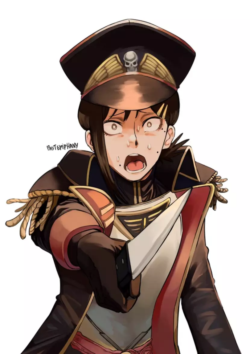 pastepiphany, higashiyama kobeni, chainsaw man, warhammer 40k, non-web source, source request, tagme, 1girl, crossover, gloves, hat, holding, holding knife, knife, long sleeves, looking at viewer, open mouth, scared, simple background, solo, sweat, white background