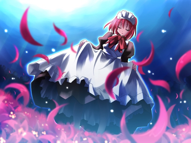 hisui (tsukihime), tsukihime, duplicate, 00s, 1girl, apron, bow, closed eyes, clothes lift, dutch angle, female focus, field, flower, flower field, full body, full moon, maid, maid apron, maid headdress, moon, night, petals, red flower, red hair, short hair, skirt, skirt hold, skirt lift, sky, solo, spider lily, standing