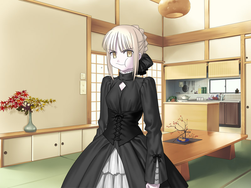 takeuchi takashi, artoria pendragon (fate), saber (fate), saber alter, saber alter (gothic lolita), fate/hollow ataraxia, fate/stay night, fate (series), game cg, 00s, 1girl, blonde hair, darksaber, dress, eating, female focus, gothic lolita, lolita fashion, official alternate costume, short hair, solo, yellow eyes
