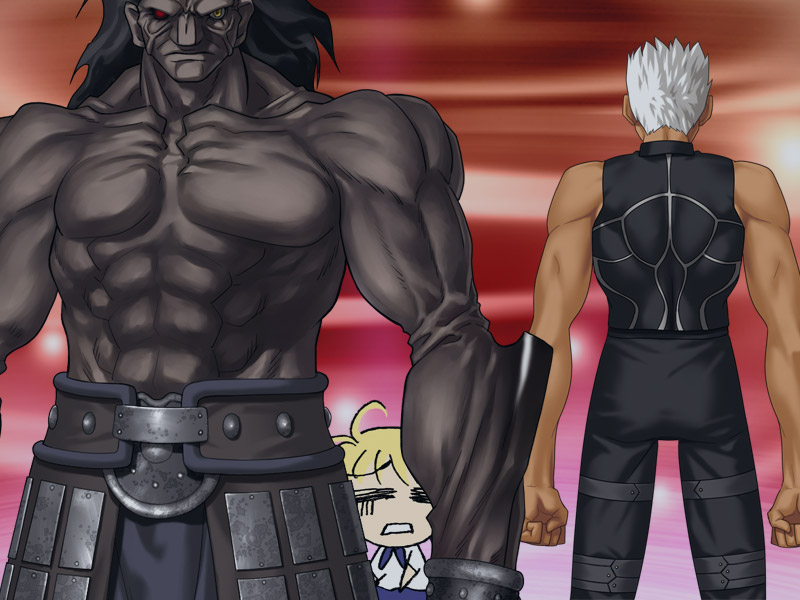 takeuchi takashi, archer (fate), artoria pendragon (fate), heracles (fate), saber (fate), fate/hollow ataraxia, fate/stay night, fate (series), game cg, 00s, 1girl, 2boys, ahoge, bad anatomy, bad proportions, blonde hair, chibi, chibi inset, clenched hands, dark-skinned male, dark skin, giant, heterochromia, multiple boys, muscular, poorly drawn, size difference, sleeveless, standing