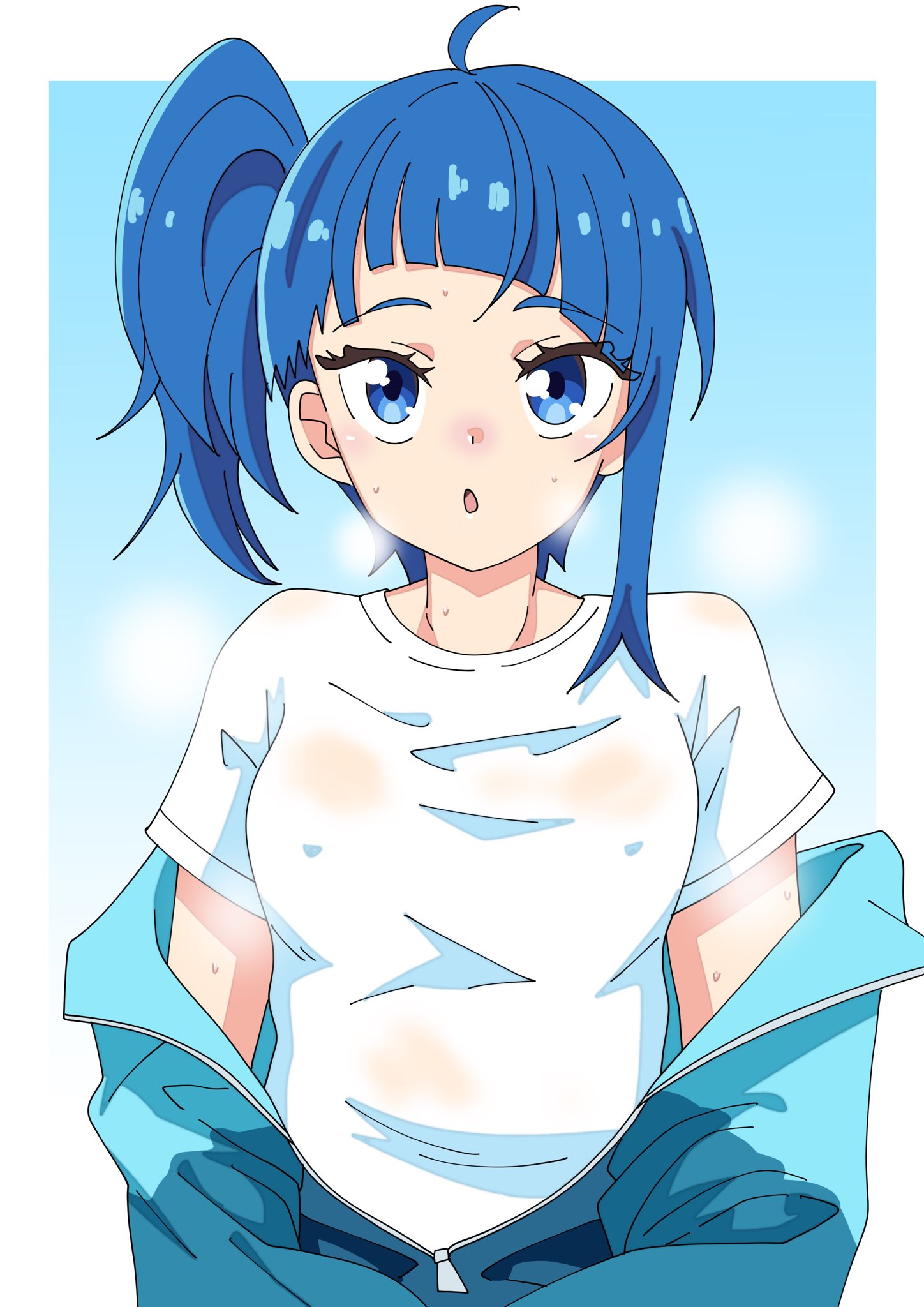 third love, sora harewataru, hirogaru sky! precure, precure, commentary, highres, 1girl, blue hair, blue jacket, cut bangs, jacket, long sleeves, looking at viewer, medium hair, off shoulder, open mouth, shirt, short sleeves, side ponytail, single sidelock, solo, steam, sweat, t-shirt, track jacket, unzipped, upper body, wet, wet clothes, wet shirt, white shirt