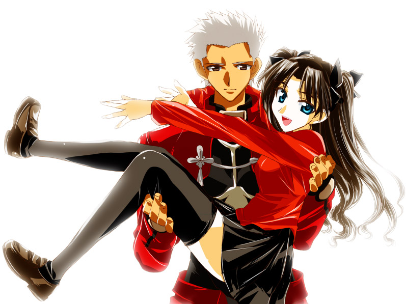 archer (fate), tohsaka rin, fate/stay night, fate (series), 00s, 1boy, 1girl, black thighhighs, dark-skinned male, dark skin, legs, long legs, school uniform, serafuku, thighhighs, turtleneck, two side up, zettai ryouiki